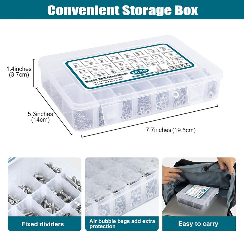 SATANTECH 1625Pcs M2 M3 M4 M5 Metric Screw Assortment,304 Stainless Steel Metric Bolts and Nuts Assortment Kit,Hex Socket Button Head Metric Machine Screws with Flat and Lock Washers - Image 4
